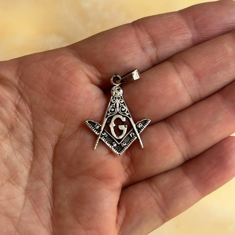 Sterling Silver Masonic Symbol Square & Compass Pendant Handmade 1 1/8 inch